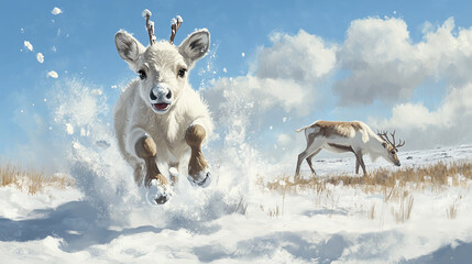 Reindeer Calf Playfully Hopping Through Deep Snow with Fluffy Fur and Mother Grazing Under Bright Winter Sky