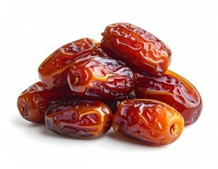 Pile of glossy, rich brown dates with wrinkled skins stacked haphazardly against a white background. Close-up, smooth textures, natural look