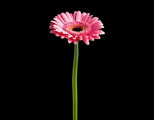 A vibrant, single pink gerbera daisy, centered on a stem against a stark black backdrop, highlighting its delicate petals and form