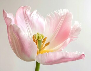A delicate, close-up reveals the soft pink and white petals of a blooming flower with ruffled edges, displaying its vibrant yellow core