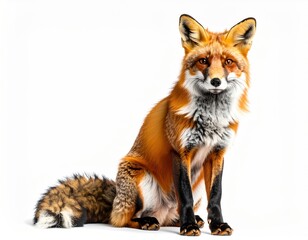 A reddish-orange fox with white accents sits upright, looking directly at the viewer against a bright white background in a studio shot