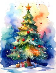 Watercolor Christmas tree illustration.  Vibrant, festive Christmas tree with colorful ornaments, gifts, and snowfall in a stylized watercolor landscape
