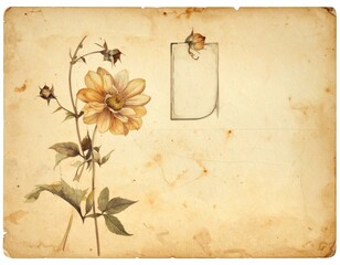 Aged paper with a delicate watercolor painting of an orange flower with leaves, and a small blank label affixed with a dried rose