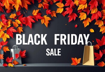 Black Friday sale banner with vibrant autumn leaves and shopping bags,  retail therapy,  best deals