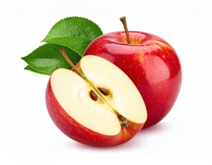 Two red apples, one halved exposing the core, with lush green leaves, are centered against a white background. High resolution food shot