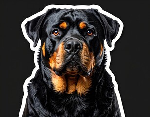 A majestic Rottweiler with glossy black fur and rich tan markings, captured against a solid dark background, featuring a prominent white outline