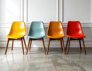 Four vibrant, retro-style chairs in yellow, blue, orange, and red stand in a row against a white wall with delicate molding, sleek floor