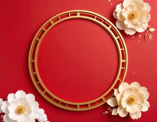 Top-down view of a gold patterned circle frame, surrounded by cream-colored paper flowers and leaves, on a vibrant red surface
