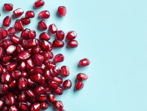 Scattered pomegranate seeds on a light blue surface.  Close-up view of many vibrant, red pomegranate arils, arranged unevenly, creating a graphic pattern against a soft pastel backdrop. 