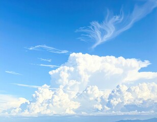Expansive view of cumulus clouds forming layers in a vibrant blue sky, feather-like cirrus clouds in the distance adding depth