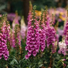 Obraz premium Close-up of vibrant purple foxglove flowers. Fuzzy, bell-shaped blooms in clusters, standing tall against greenery. Soft focus background of other flowers