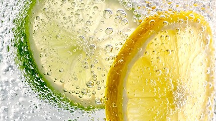 A close-up of a lemon and lime slice submerged in bubbly water, showcasing vibrant citrus colors and refreshing textures.