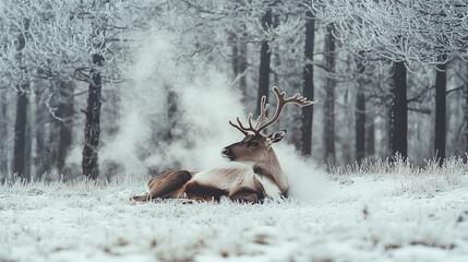 Reindeer Resting in Snowy Glade with Visible Breath and Rising Mist Surrounded by Frosted Trees in Peaceful Winter Atmosphere