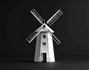 Solitary, white, miniature windmill, perfectly centered against a stark black backdrop, creating dramatic contrast and depth