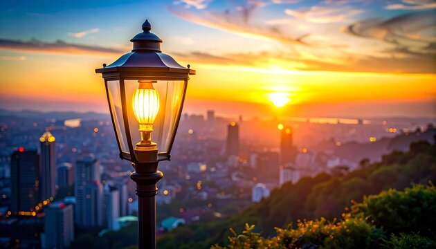 A classic street light glows, casting light against a vibrant sunset over a cityscape, with building silhouettes