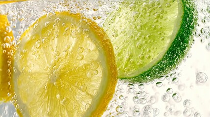 A close-up of vibrant lemon and lime slices with glistening water droplets, highlighting their fresh and zesty appeal.