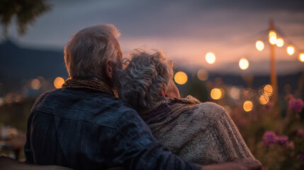 Couple embracing while watching sunset surrounded by string lights and flowers on a tranquil evening, enjoying a moment of intimacy and connection in nature.