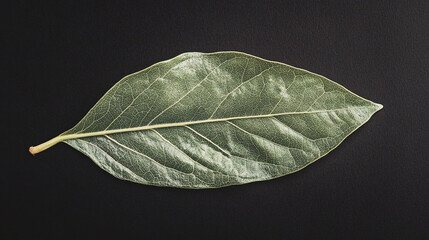 Single Green Leaf Illuminated by Soft Diffused Light Against Dark Background Highlighting Intricate Veins and Natural Textures