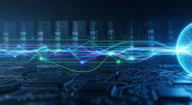 Dynamic digital network flows across circuit board, representing data transfer and innovation