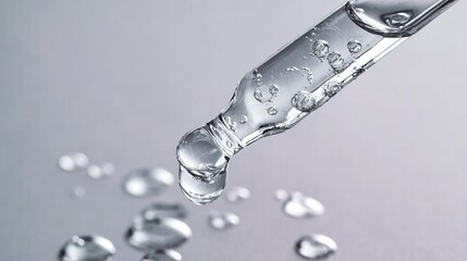 A close-up of a glass dropper releasing clear liquid droplets onto a smooth surface, highlighting the clarity and purity of the substance.