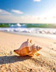 Seashell on golden sand, ocean waves in soft focus