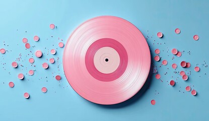 Pastel pink vinyl record on light blue background, scattered with small pink confetti