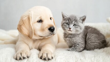 A fluffy golden puppy and a gray kitten snuggle together on a soft white blanket, exuding cuteness and companionship.