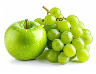 Glossy green apple next to a bunch of luminous green grapes, set against a bright white background