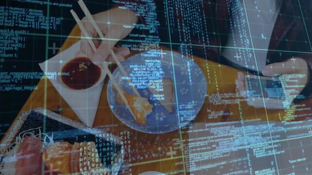 Woman lifting tempura and browsing smartphone while code grid animating over sushi balancing work