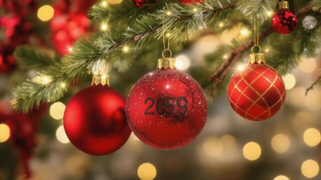 Christmas tree with ornaments shimmering lights and the year 2059