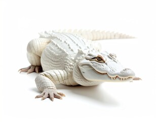 An albino alligator on a bright white background exhibits its unique, scale-covered skin in a portrait revealing texture and coloration