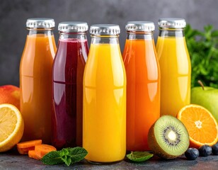 Five glass bottles filled with vibrant juices alongside sliced fruit create a colourful and healthy arrangement against a textured backdrop