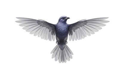 Obraz premium A serene gray bird captured in mid-flight, its wings spread wide against a pristine white backdrop, embodying freedom and tranquility