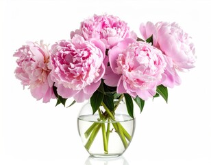 Bouquet of pastel pink peonies in a round glass vase with clear water, isolated against a white background, reflecting on a white surface