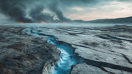 Cracked Melting Arctic Ice Sheet with Blue Water Seeping Through and Smoke Rising from Distant Wildfires Highlighting Environmental Crisis