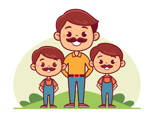 Cartoon illustration of a father and his two sons with mustaches