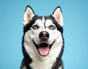Husky's happy face. An endearing image of a black and white husky with bright blue eyes, gazing with open mouth against a plain blue background