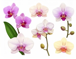 An arrangement of detailed, pastel-colored orchid flowers, showcasing pink, white, and pale yellow blooms with realistic petal textures