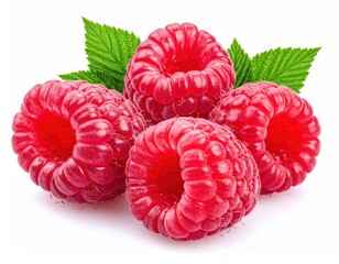 Cluster of four vibrant red raspberries with accompanying green leaves, presented on a white background in sharp, inviting detail