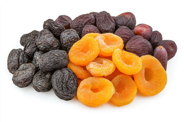 Dried apricot dried fig and dried plum arranged on white background healthy snack sweet natural organic closeup