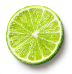 High-angle close-up of a lime slice.  Bright, vibrant green citrus slice, perfectly circular, with a visible interior, radiating segments, and a slightly rough texture on the outer rind.  