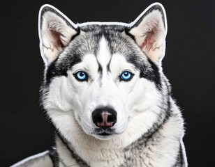 Captivating close-up of a Husky's face, showcasing its striking blue eyes and thick, gray and white fur against a stark black backdrop