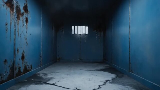 Solitary Confinement: An unsettling image captures a stark prison cell, defined by a weathered, blue-toned interior, a solitary barred window, and a sense of isolation. 