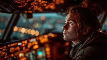 Obraz premium A woman pilot looks thoughtfully out at the city lights during a nighttime flight.