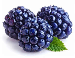 Three blackberries, adorned with tiny water droplets, rest near a single green leaf against a stark white backdrop, casting soft shadows