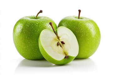 Three vibrant green apples, one halved, on a white background