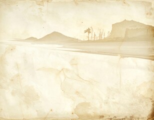 Aged, sepia-toned beach illustration featuring a shoreline with a single palm tree, mountains in the hazy distance, and distressed paper textures