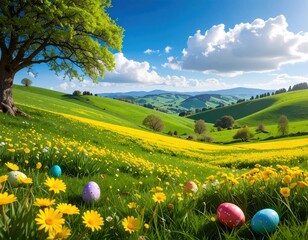 Rolling green hills covered with bright yellow flowers and decorated Easter eggs under a vibrant blue sky with puffy white clouds
