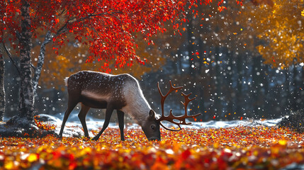 Vibrant Autumn Scene with Reindeer Grazing Among Colorful Fallen Leaves, Golden and Red Forest Hues, and First Snowflakes Falling
