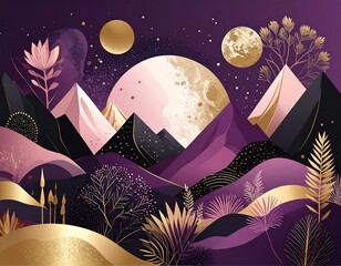 Abstract mountain range illustration with stylized plants, a pale pink sky, golden stars, and multiple golden moon-like spheres